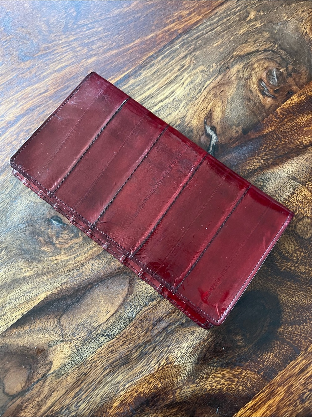 Vintage Eel Skin Wallet Red Bifold Long Exotic Leather Genuine Clutch Retro - Picture 2 of 15